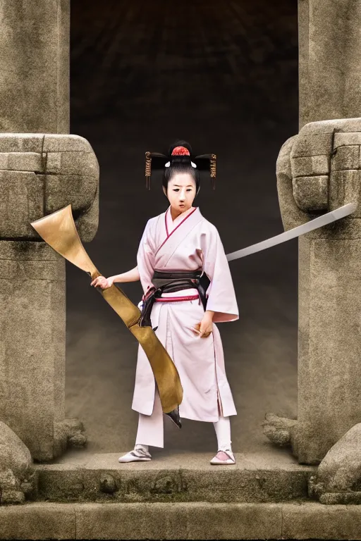 Image similar to highly detailed beautiful photo of a young female samurai, practising sword stances in a ancient temple, symmetrical face, beautiful eyes, realistic anime art style, 8 k, award winning photo, pastels, action photography, 1 / 1 2 5 shutter speed, dramatic lighting