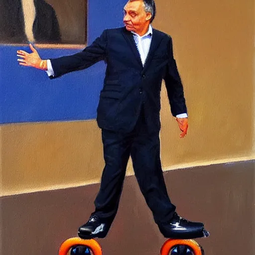 Prompt: viktor orban putting on rollerskates, oil painting