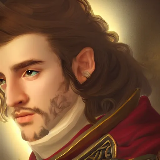 Image similar to a digital art close up portrait of young nobleman bard from warhammer, handsome young man bard with lute character sheet, 4 k, ultra detail, volumetric lighting, unreal engine, octane render