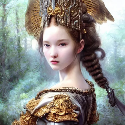 Image similar to A masterpiece ultrarealistic ultradetailed portrait of a Incredibly beautiful angel armored princess knight with Iron mask. baroque renaissance girl in the forest. medium shot, intricate, elegant, highly detailed. trending on artstation, digital art, by Stanley Artgerm Lau, WLOP, Rossdraws, James Jean, Andrei Riabovitchev, Marc Simonetti, Yoshitaka Amano. background by James Jean and Gustav Klimt, light by Julie Bell, 4k, porcelain skin. BY ZDIZISLAW BEKSINSKI Cinematic concept art