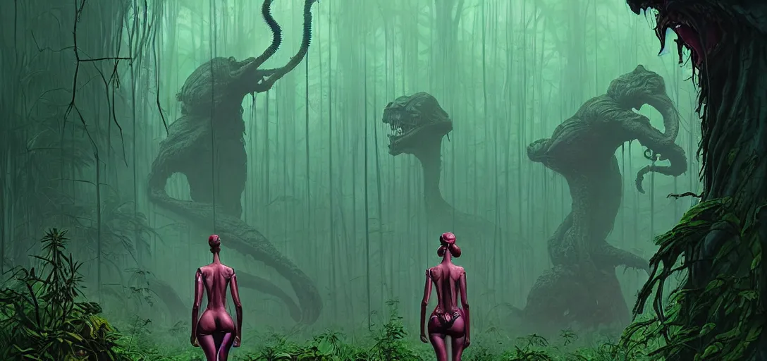 Prompt: scary creature lurking over a beautiful woman in a verdant jungle, epic science fiction horror by simon stalenhag and mark brooks, extremely detailed