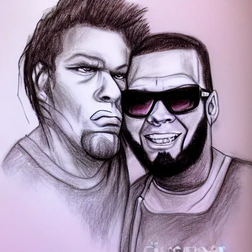 Prompt: drawing of static x singer dwayne static hugging fred durst singer of limp bizkit, drawing, sketch, realism,