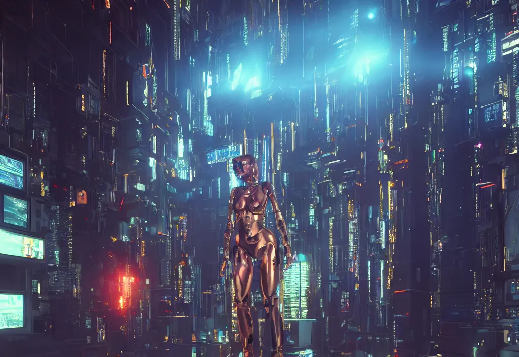 Prompt: shot of film by cyberpunk syle, human like a cyborg hyperrealistic full figure in detailed data center, character design, symmetrical, vivid color, complementary color, golden ratio, detailed, sharp lines, trending on artstation, volumetric lighting, by yoichi hatakenaka, by masamune shirow, by josan gonzales, octane render