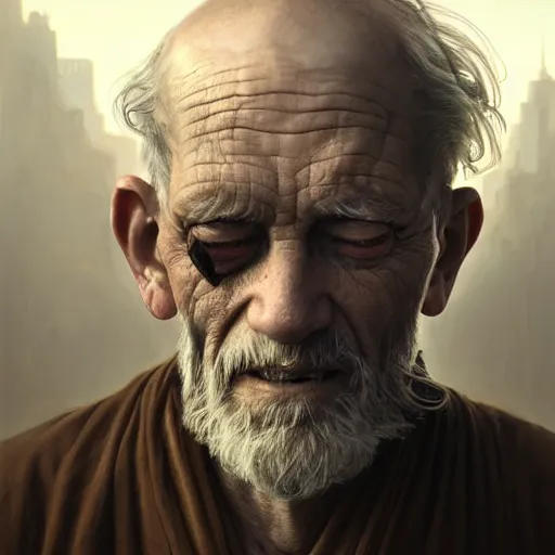 Prompt: portrait painting of a post - apocalyptic blind older american man wearing monk garbs, ultra realistic, concept art, intricate details, eerie, highly detailed, photorealistic, octane render, 8 k, unreal engine. art by artgerm and greg rutkowski and charlie bowater and magali villeneuve and alphonse mucha