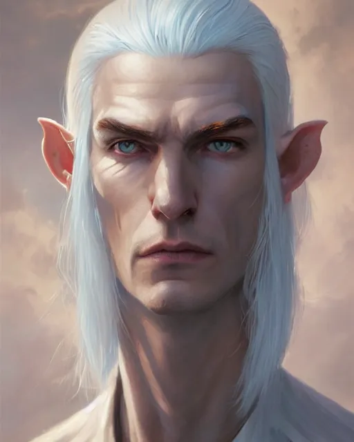 Image similar to character portrait of a slender half - elven man with white hair, piercing blue eyes and pale bluish skin, by greg rutkowski, mark brookes, jim burns, tom bagshaw, trending on artstation