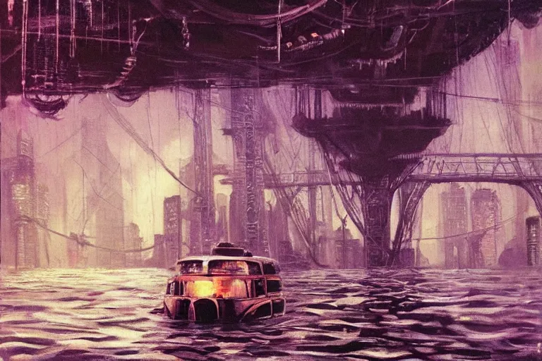 Prompt: river boats speeding between spherical tree houses on flooded streets of new york painting by ( ( ( ( ( h. r. giger ) ) ) ) ) and paul lehr