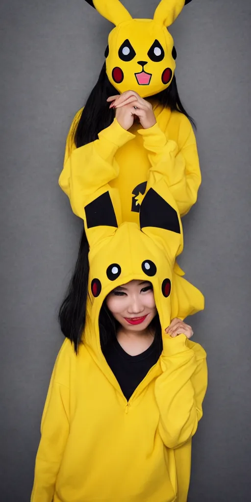 Prompt: A asian girl wearing a Pikachu hoodie, cosplay, studio ilumination, professional, trend in Instagram, 4k