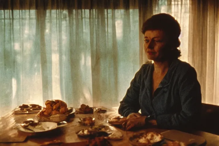 Image similar to soviet movie still a soviet woman sitting at a table next to the window with food, dark warm light, a character portrait by margarita terekhova, movie stalker solaris film still by andrei tarkovsky, 8 k, 1 9 8 4, close - up bokeh, gelios lens, color, noir