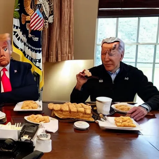 Image similar to photograph of trump and Biden sitting and eating breakfast at a Wafflehouse