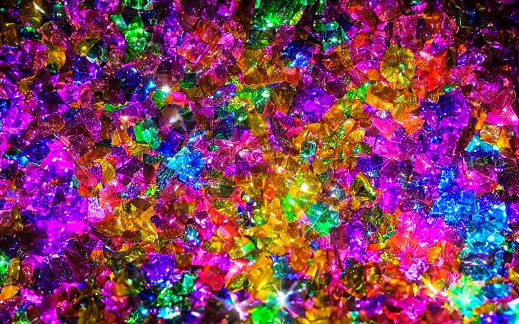Prompt: iridescent crystals glowing in the dark, providing light in a mysterious cave by lisa frank and walter percy day