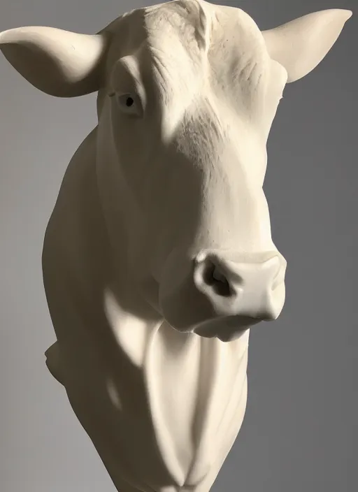 Image similar to stylised bust sculpture of a Guernsey Cow, beautiful studio lighting