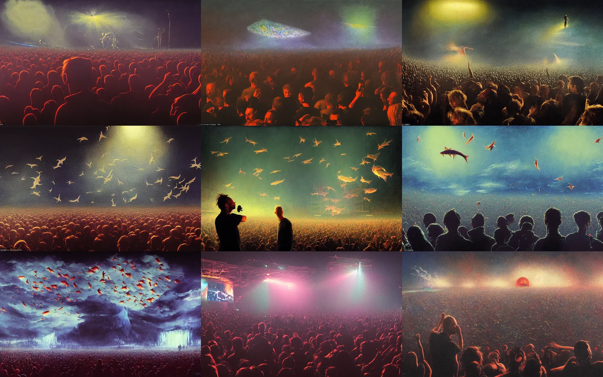 Prompt: thom yorke seeing weird fishes swimming in the air while radiohead is playing on stage at a festival at sundown, photorealistic painting by greg rutkowski and thomas kinkade and norman rockwell and james jean, low light, audience and crowdsurfing and lasershow in the background, surreal, dreamy, weird, atmospheric