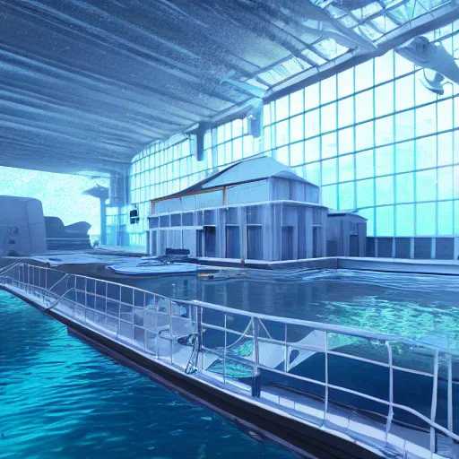 Image similar to underwater research facility, establishing shot, 8k render unreal engine