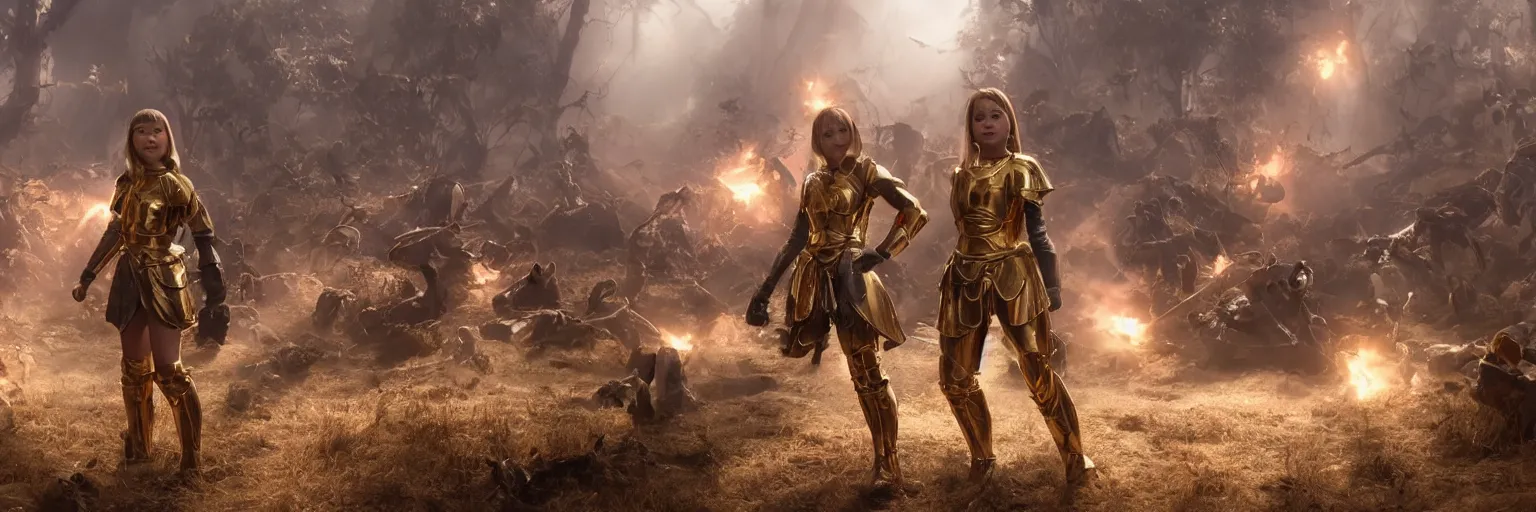 Image similar to a single young girl wearing a gold armor standing in a battlefirld, surrounded by dead bodies, extremely realistic and highly detailed 8 k, sharp focus, octane render, dramatic volumetric lighting and extremely realistic faces