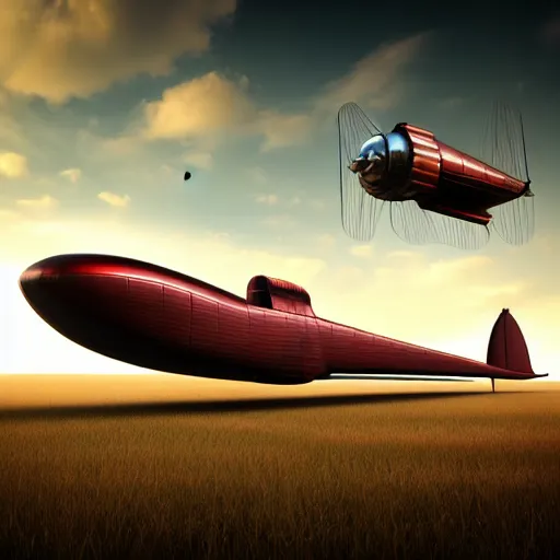 Image similar to photorealistic airship dieselpunk art deco streamlined crimson sky by alexey lipatov, stefan prohaczka, ixlrlxi, keith thompson, rob schwager, sam van olffen, octane render, 3 d, highly detailed,