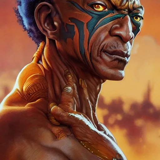 Image similar to giancarlo esposito as dhalsim street fighter, jump kick, 4 k, ultra realistic, detailed focused art by artgerm and greg rutkowski and alphonse mucha