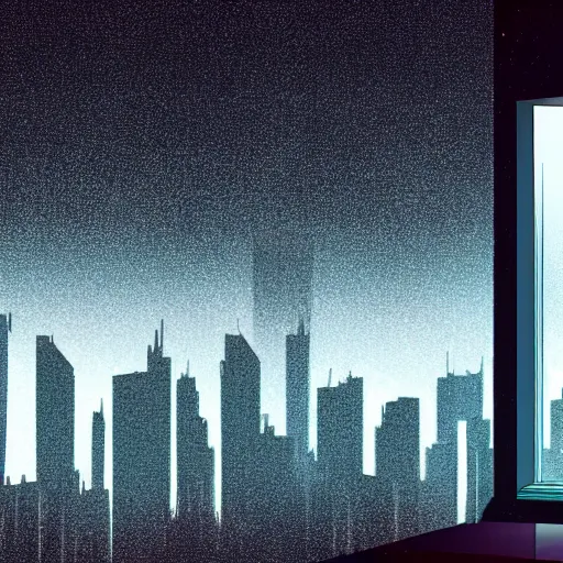 Image similar to a female cyborg looks out a window at the skyline of a raining neon city