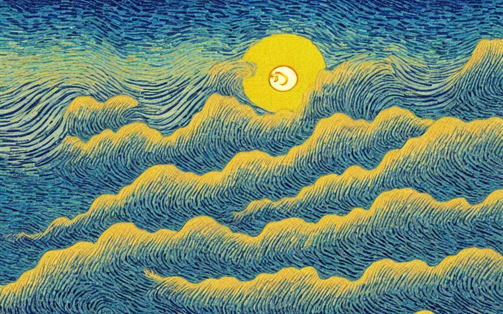 Image similar to a beutiful sunset on a beach, fractal waves. japanese embroidery. retro minimalist art by jean giraud and van gogh.