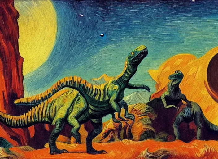 Image similar to painting of the extinction of the dinosaurs with asteroid and fire, in the style of edward hopper and vincent van gogh, dramatic lighting at dusk