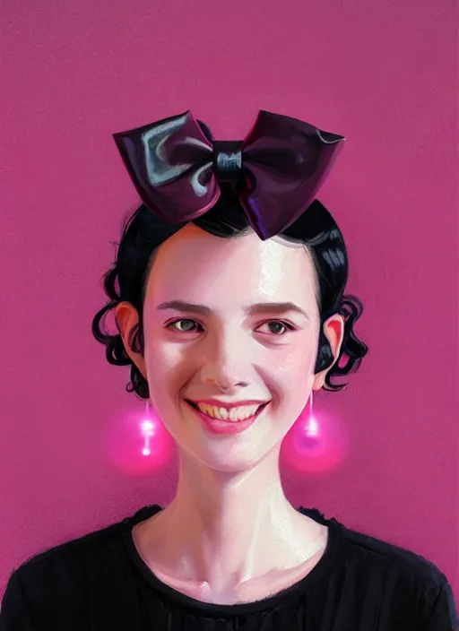 Image similar to portrait of high school girl, realistic, black hair, bangs, half updo hairstyle, pointy nose, skinny, smile, ugly, defined jawline, big chin, pink hair bow, earrings, intricate, elegant, glowing lights, highly detailed, digital painting, artstation, sharp focus, illustration, art by wlop, mars ravelo and greg rutkowski