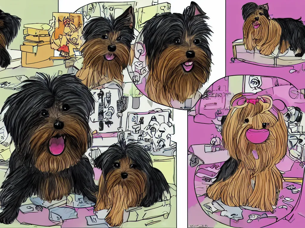 Image similar to a comic strip of a smiling black and caramel Yorkshire Terrier, a pink rubber monkey in front of a simply sketch background , courtroom art, art by Mauricio de Sousa