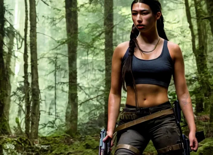 Image similar to film still of!!!! amber midthunder!!! as lara croft in new tomb raider movie, 8 k