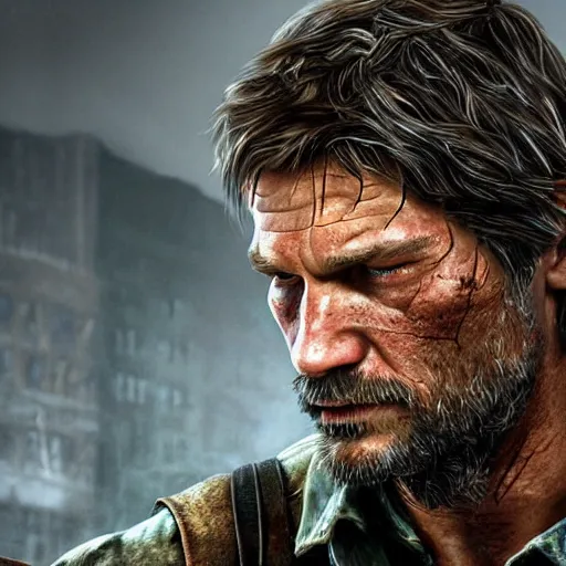 Prompt: Nikolaj Coster-Waldau as Joel in The Last Of Us, hyperrealism photo