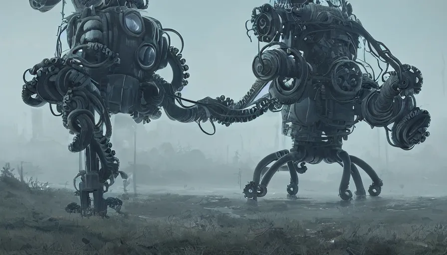 Image similar to a digital art portrait of post apocalyptic robot octopus by Simon Stalenhag, mechanical octopus power armour character design, character sheet, 4k, ultra detail, volumetric lighting, unreal engine, octane render