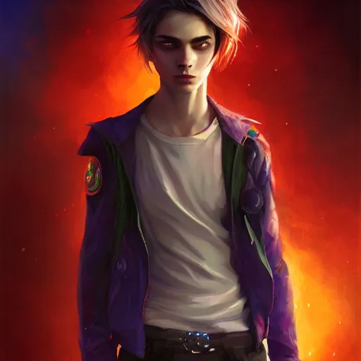 Image similar to colorful and festive captivating teenager boy with straight indigo hair, purple eyes with red eye markers, slim body, wearing combat clothes. rich vivid colors, ambient lighting, dynamic lighting, 4 k, atmospheric lighting, painted, intricate, highly detailed by charlie bowater