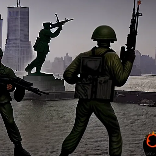 Prompt: The war between the Soviet Union and America, the action takes place in New York, far away against the background of the Statue of Liberty, a lot of soldiers and military equipment, a lot of explosions and tracer bullets, a lot of ruins, a very epic battle, The style of photography of the 80s