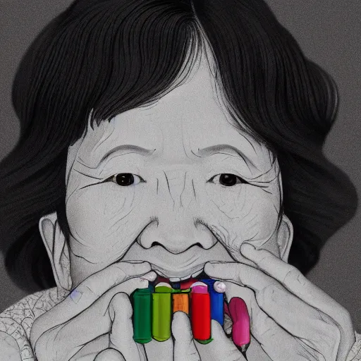 Image similar to closeup of my grandma eating crayons, melting down all over her body, in the style of kawase hasui james jean, artstation trending, 8 k, 3 d render, photorealistic, volumetric lighting caustics, black and white, detailed af
