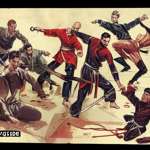 Prompt: vintage comic, greg rutkowski man with long sword fighting several martial artists at once