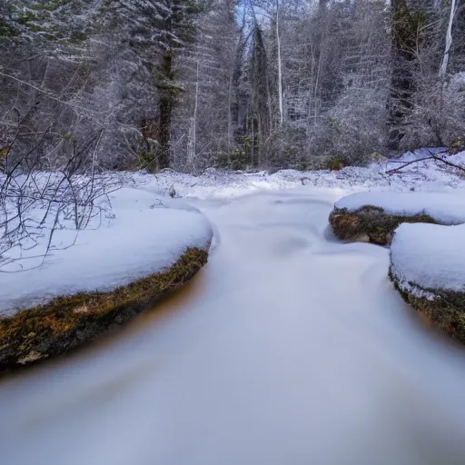 Prompt: a landscape picture of a cabin in a forest during winter with a stream made of red hot lava flowing next to it