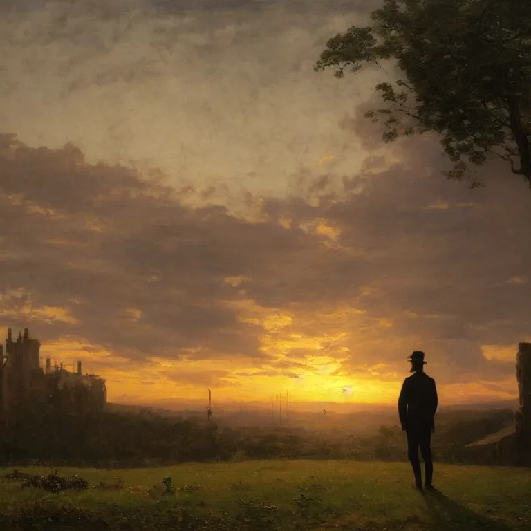 Image similar to romantic painting, wide shot of a lone gentleman in 1 9 th century clothing watching an enormous television screen playing a football game in front of a shocking sunrise, highly detailed, sublime, hyperrealistic, painted by caspar david friedrich and albert bierstadt, trending on artstation 8 k