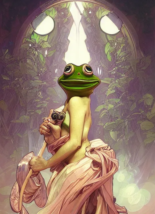 Prompt: digital character concept art by artgerm and greg rutkowski and alphonse mucha. portrait of pepe the frog, like a young god, beautiful, holding a staff, detailed, poster art, light effect, glowing, hyper detail, intricate, elegant, digital painting, artstation, smooth, sharp focus