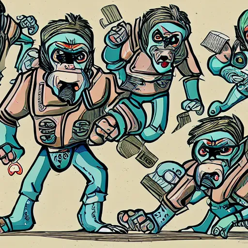 Prompt: Battle Monkeys at their battle stations, stylized, cartoon