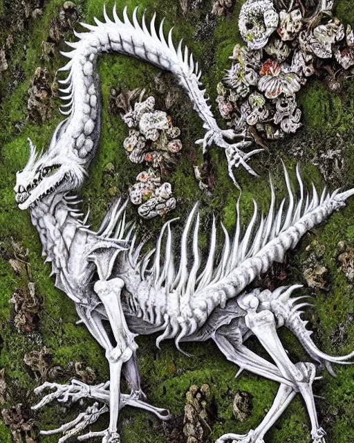 Image similar to white dragon skeleton covered in moss and flowers, intricate details, hyperrealistic, hr giger