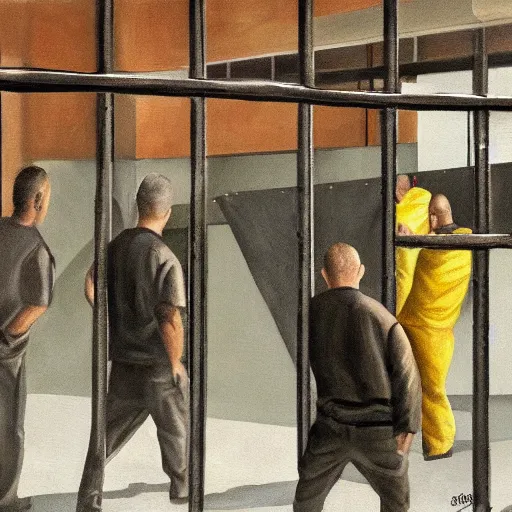 Prompt: hyperrealism painting of prisoners trying to escape prison while guards are distracted