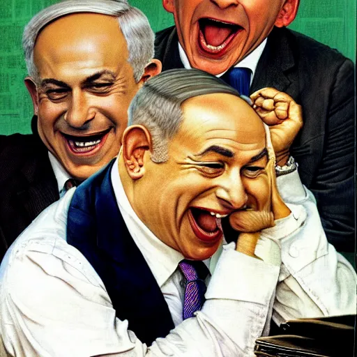 Prompt: benjamin netanyahu laughing hysterically at computer screen, by norman rockwell and michael cheval