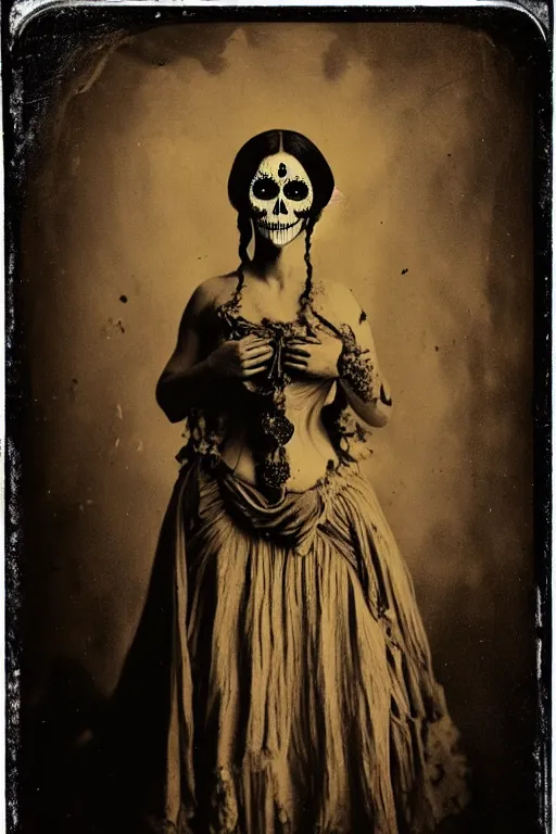 Image similar to tintype 1 8 9 0's virgin mary dia de muertos dress and make up, horrific beautiful vibe, evocative, atmospheric lighting, painted, intricate, highly detailed, leesha hannigan, wayne haag, reyna rochin, ignacio fernandez rios, mark ryden, iris van herpen, stunning, gorgeous, sharp focus, cinematic, masterpiece