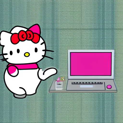 Prompt: Stock image of a burglar wearing a ski mask hacking into a Hello Kitty computer, funny, bizzare