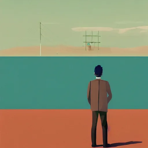 Prompt: a matte painting of a a man standing in front of a wire fence by emiliano ponzi, james gilleard, george ault, david hockney, minimalist, bauhaus, retrofuturism, postminimalism, concept art, matte background, matte drawing, magical realism