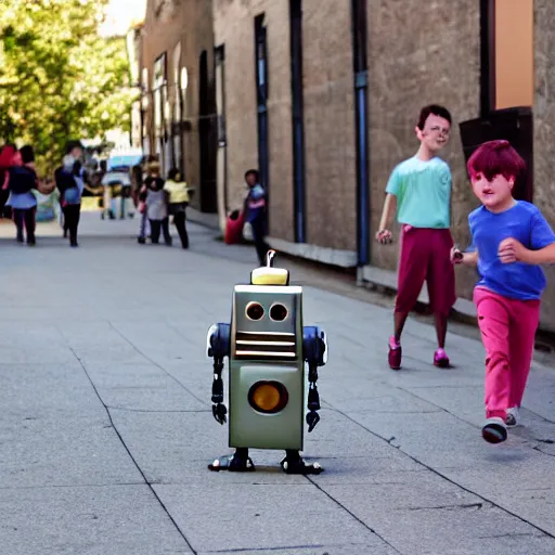 Prompt: in the style of 1960s, scary robot is chasing kids down the ally