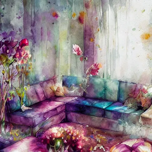 Image similar to watercolor living room with flowers, by anna dittmann, agnes cecile, william turner