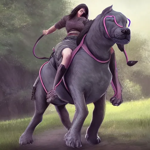 Image similar to girl riding a giant Neapolitan Mastiff in the park, trending on artstation