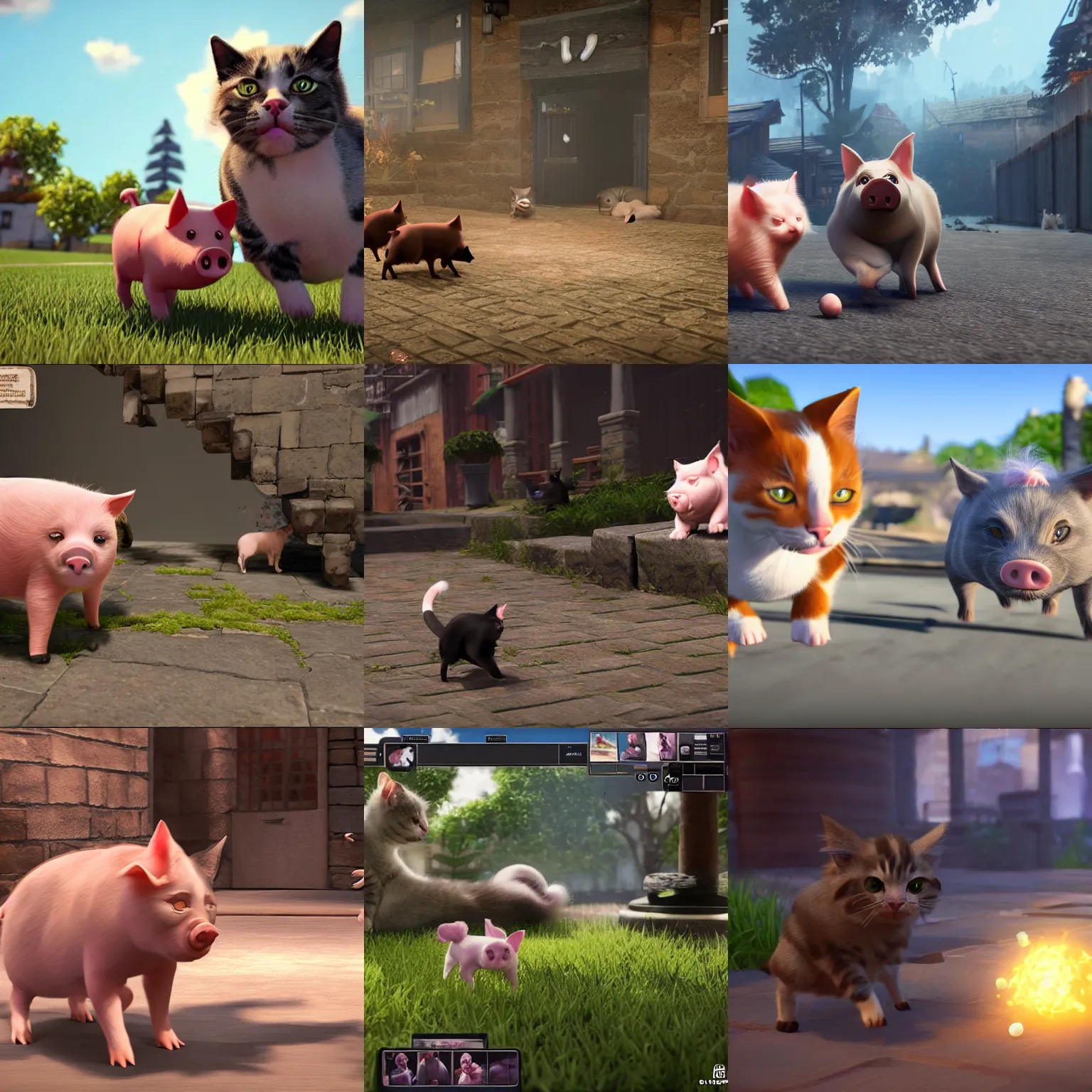 Prompt: a cat and a pig fighting, unreal engine