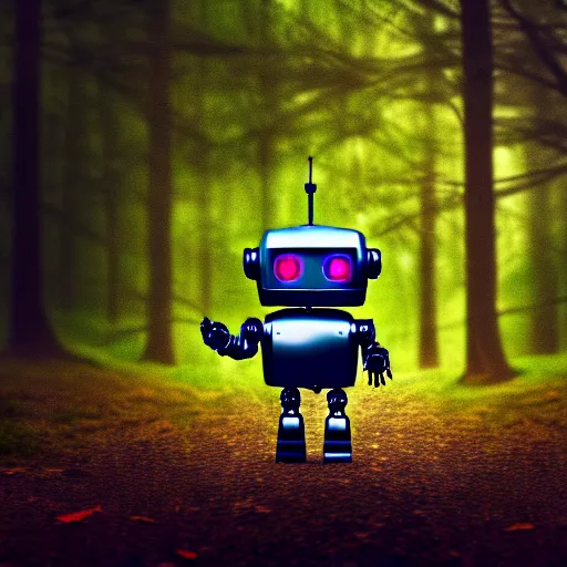 Image similar to a cute little robot in a wood. super realistic 8 k render of a dark hooded powerful elegant, cinematic composition