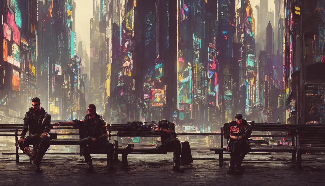 Prompt: Cyberpunk 2077 protagonist Johnny Silverhand sitting on a public bench with a sad face in new york city, 4k, concept art, by Lea Leonowicz