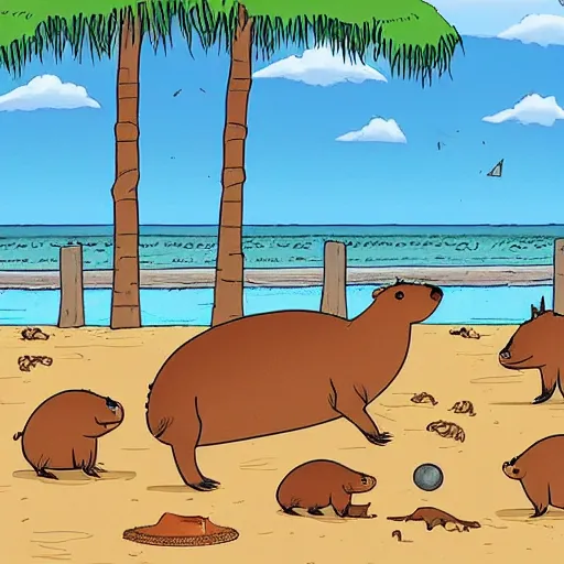 Image similar to capybaras having fun at the beach by bored ape yacht club and matt groening and bojack horseman