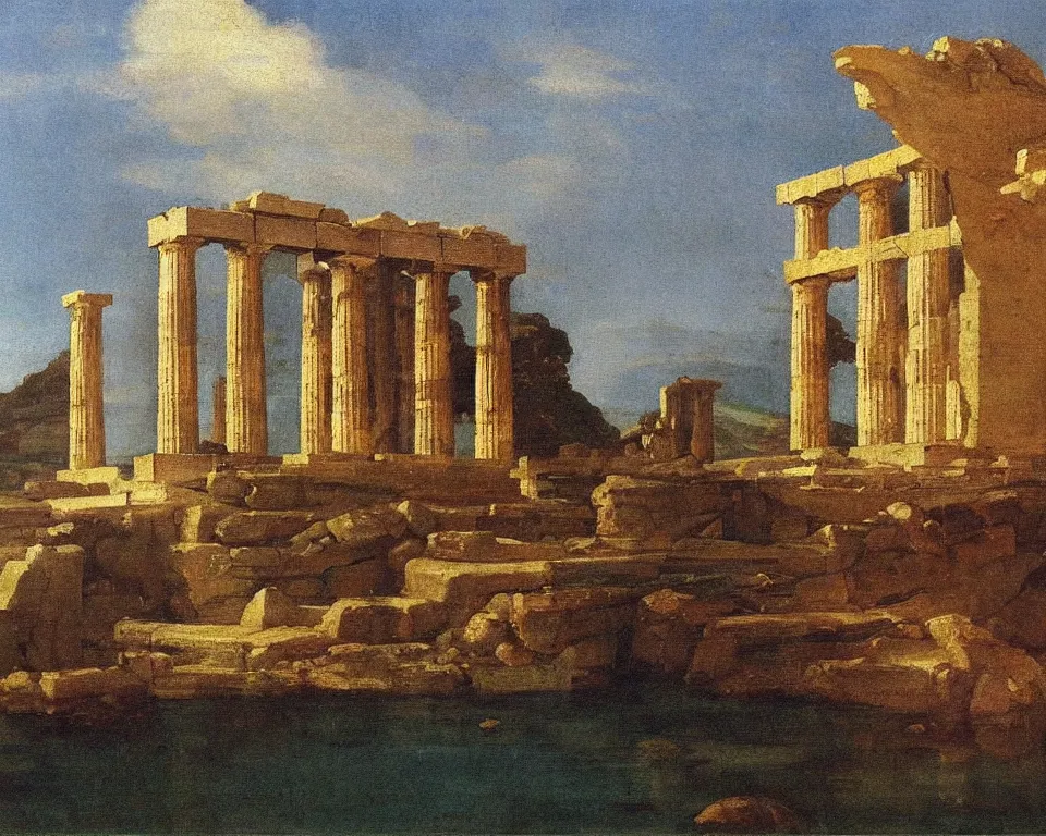 Image similar to an achingly beautiful oil painting of a partially submerged Greek temple by Raphael and Hopper.